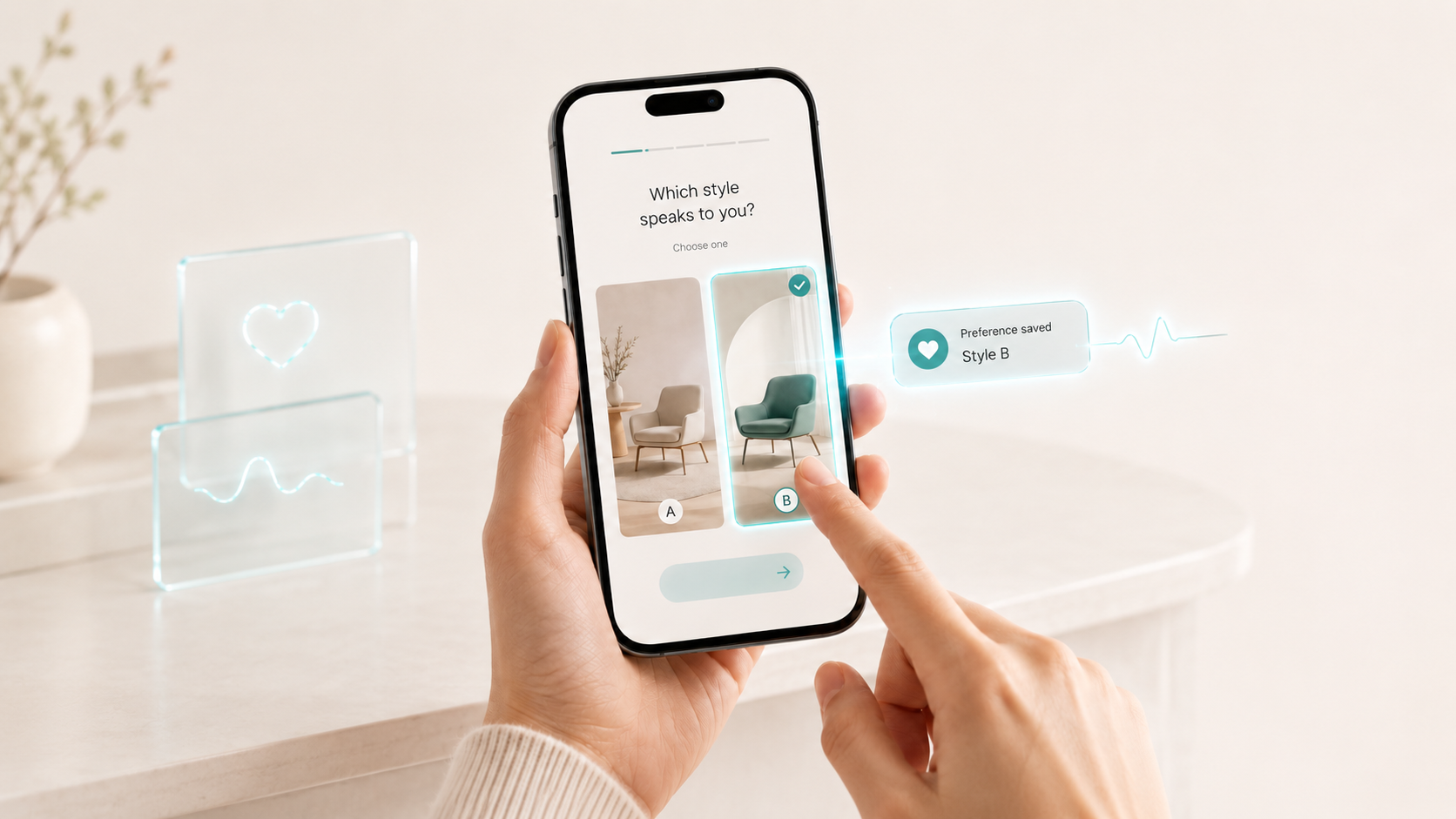 Sudal mobile product screen showing a user choosing between two visual styles and saving the selected choice as a preference signal