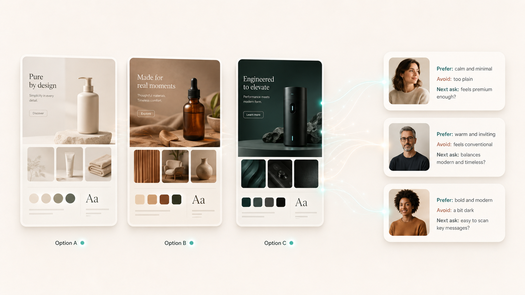 Vision Feedback early exploration image showing three design options connected to AI Persona reaction cards with preference, rejection, and next-question notes