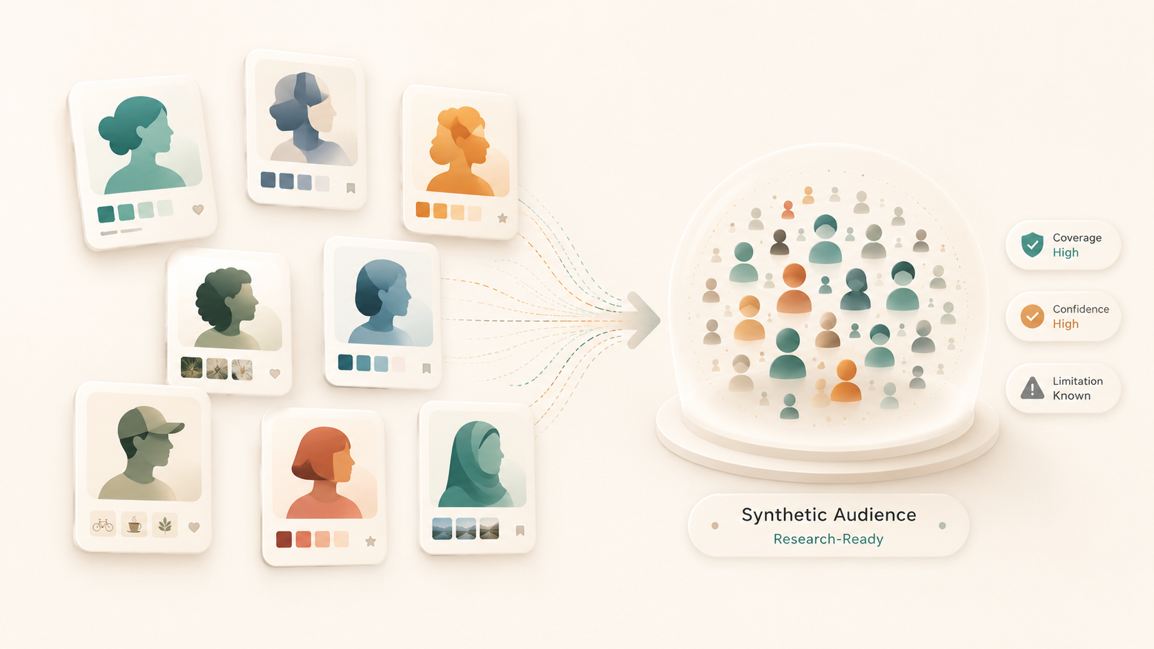 AI Persona Pool concept image showing abstract persona cards combining into one Synthetic Audience with coverage, confidence, and limitation trust markers
